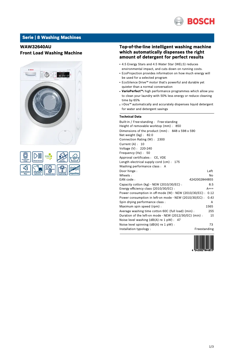 Page 1 de la notice Fiche technique Bosch WAW32640AU