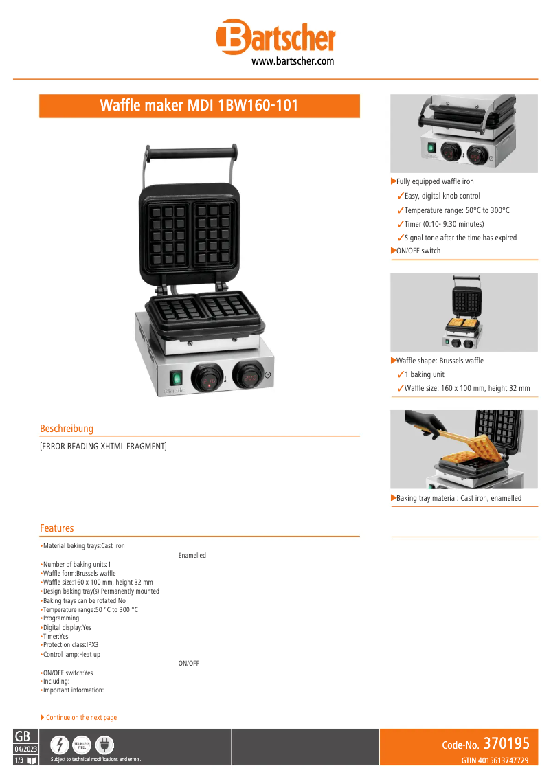 Page n°1 - Fiche technique Bartscher MDI 1BW160