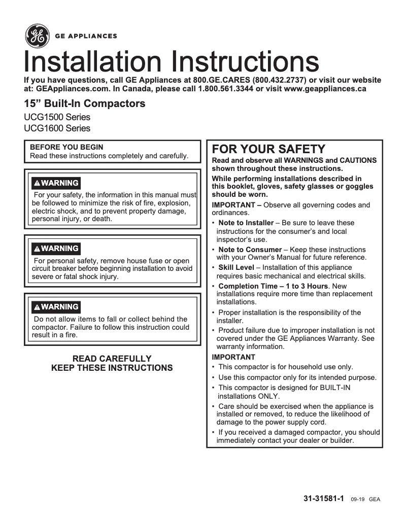 Page 1 de la notice Guide d'installation GE UCG1500NWW