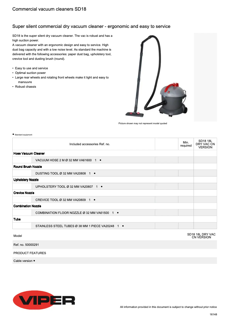 Page 1 de la notice Fiche technique Nilfisk Viper SD18