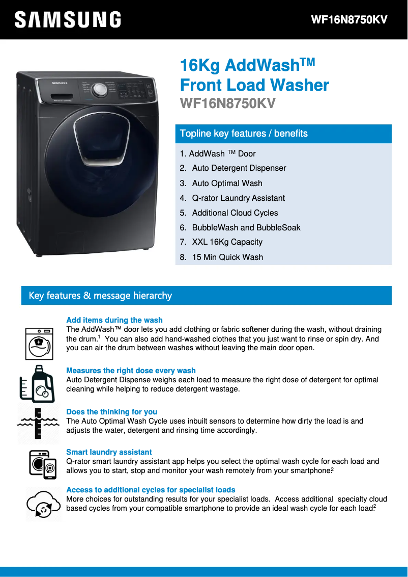 Page 1 de la notice Fiche technique Samsung WF16N8750KV
