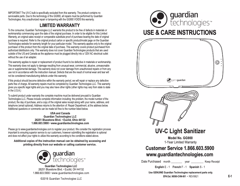 Image de la première page du manuel de l'appareil GG900