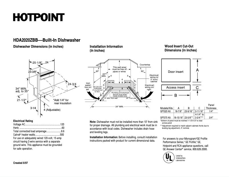 Page 1 de la notice Fiche technique Hotpoint HDA2020ZBB