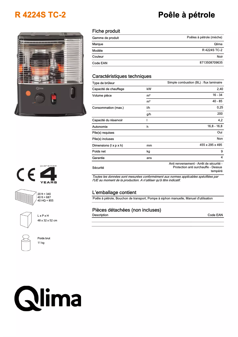 Page n°1 - Fiche technique Qlima R 4224S TC-2