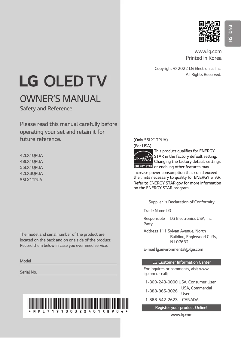 Page 1 de la notice Manuel utilisateur LG 48LX1QPUA