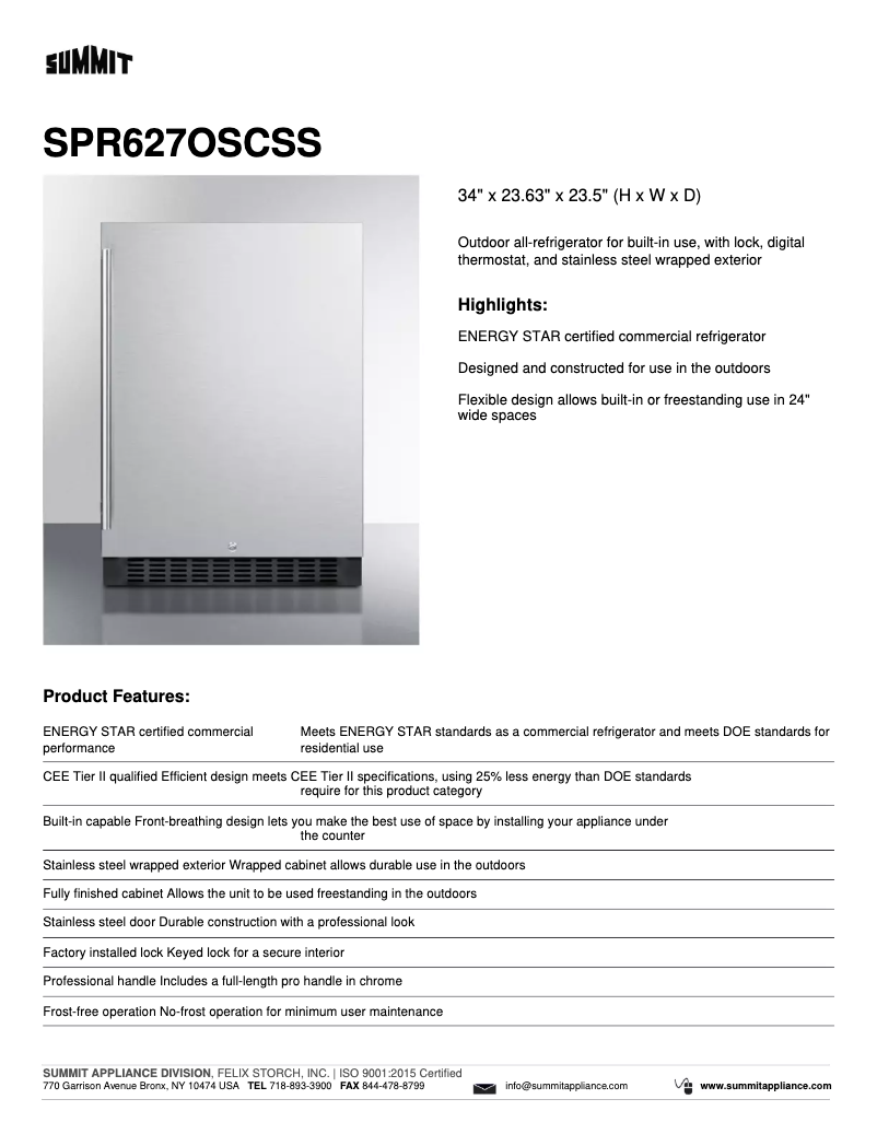 Page 1 de la notice Fiche technique Summit SPR627OSC