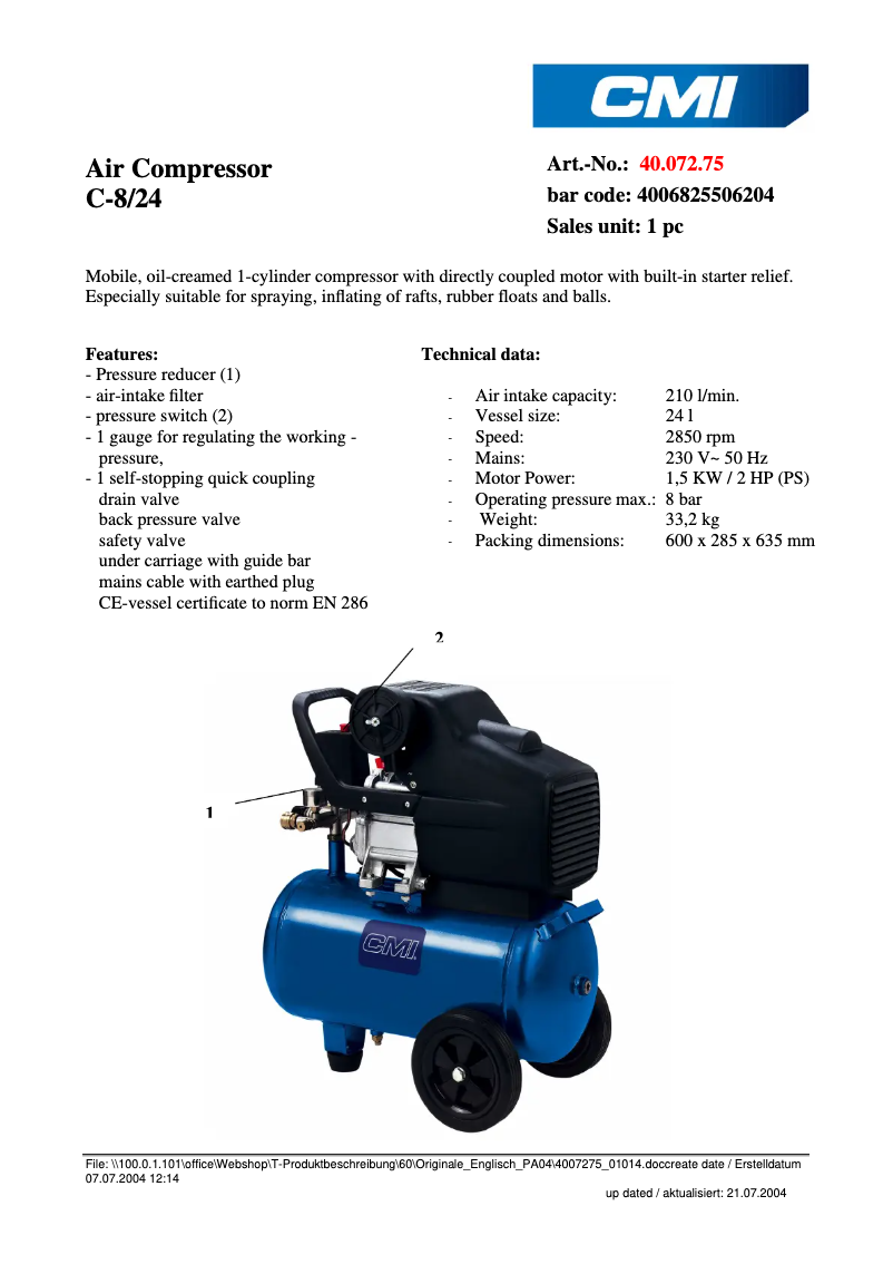 Page 1 de la notice Fiche technique CMI C-8/24 CMI