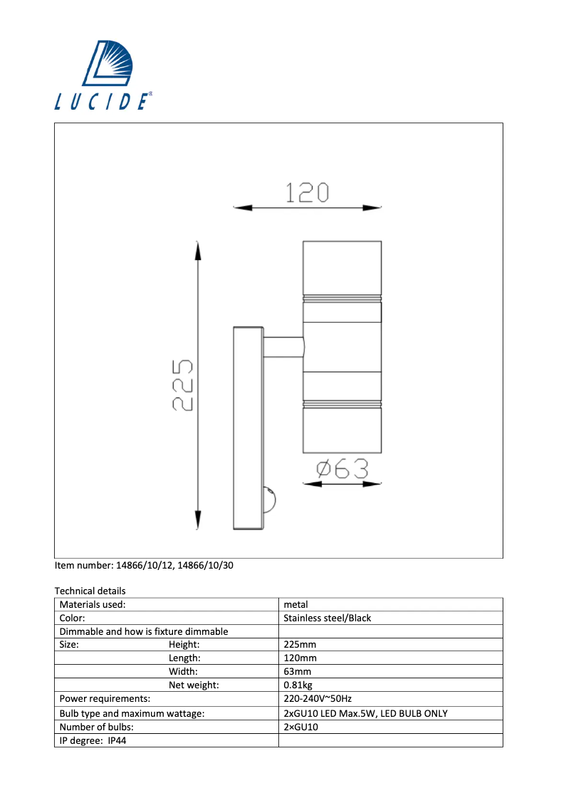 Page 1 de la notice Manuel utilisateur Lucide Arne 14866/10/12