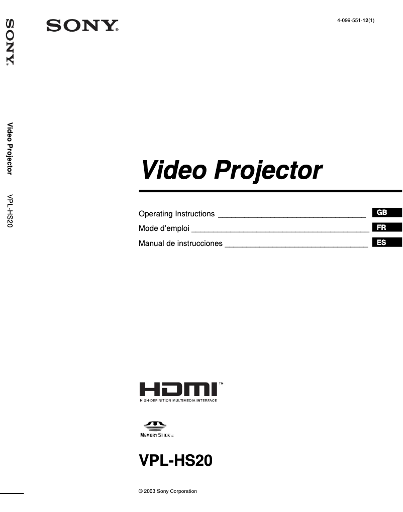 Image de la première page du manuel de l'appareil VPL-HS20