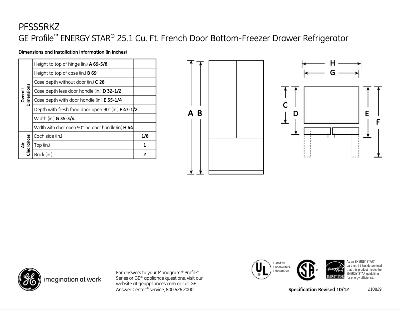Page 1 of the manual Technical Sheet GE PFSS5RKZSS