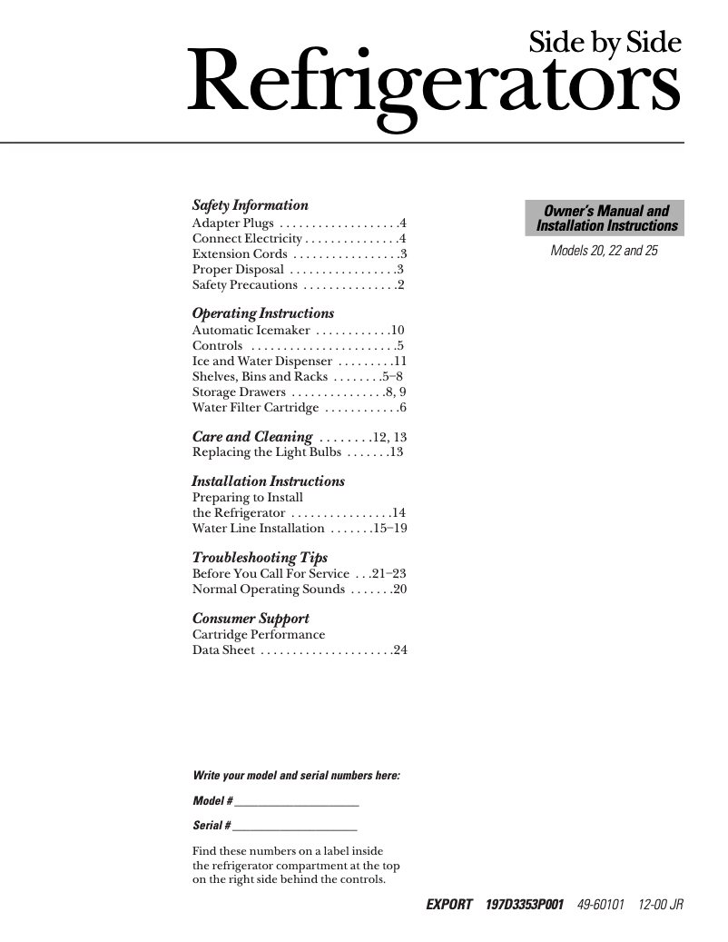 Page n°1 - Manuel d'utilisation et d'entretien GE TFT20SABWW