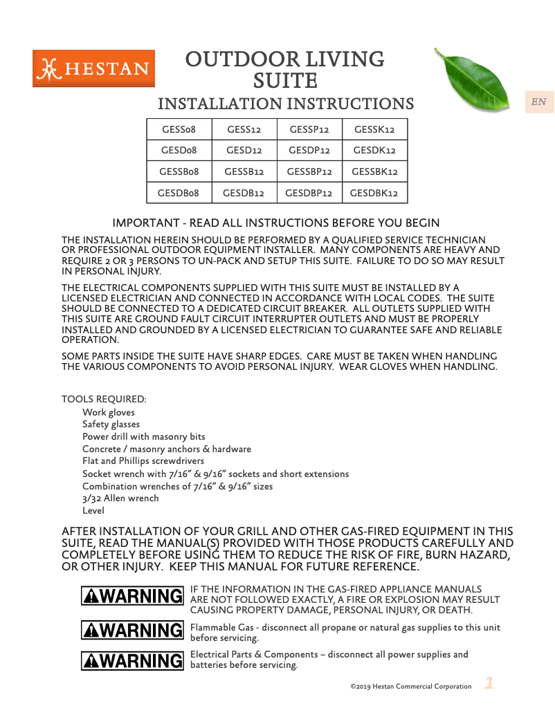 Page 1 de la notice Manuel utilisateur Hestan GESSBP12