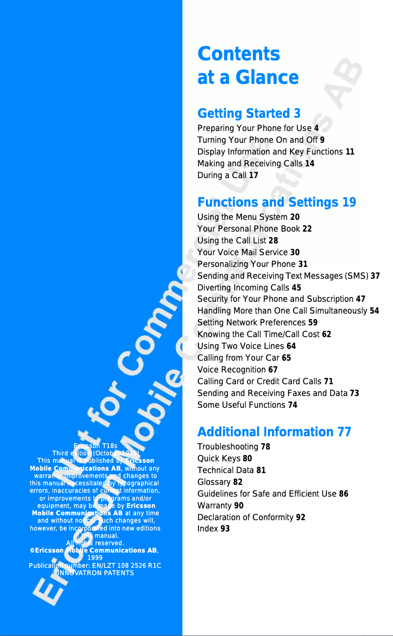 Page n°1 - Manuel utilisateur Ericsson T18S