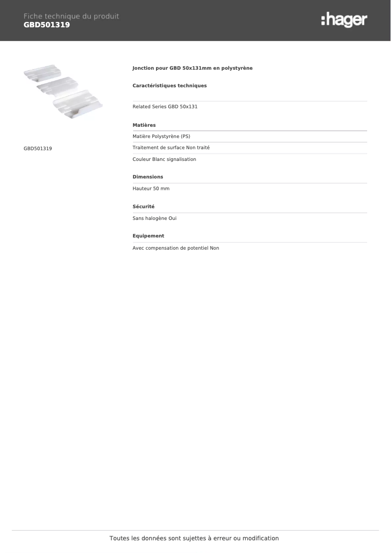Página 1 del manual Ficha técnica Hager GBD501319