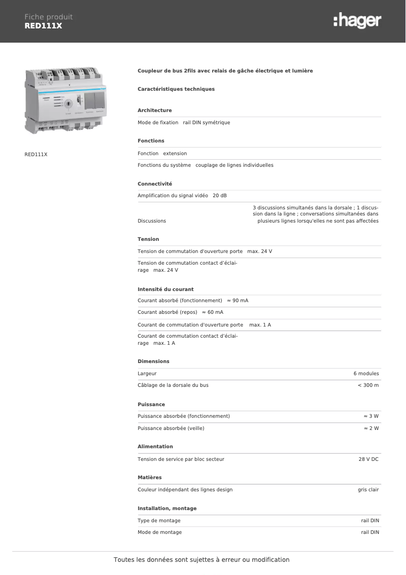 Page n°1 - Fiche technique Hager RED111X