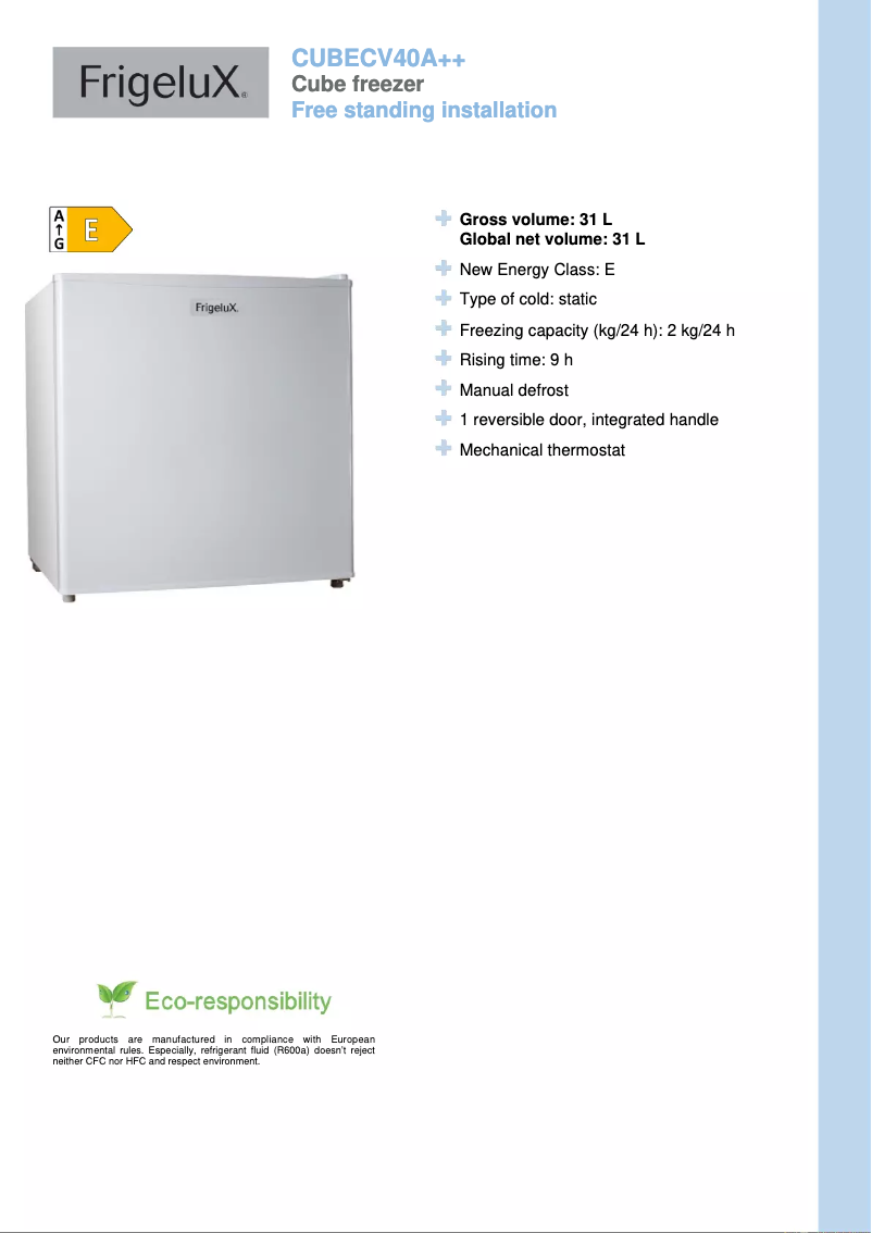 Página 1 del manual Ficha técnica FrigeluX CUBECV40A++