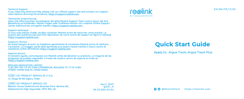 Page 1 de la notice Manuel utilisateur Reolink Argus Track