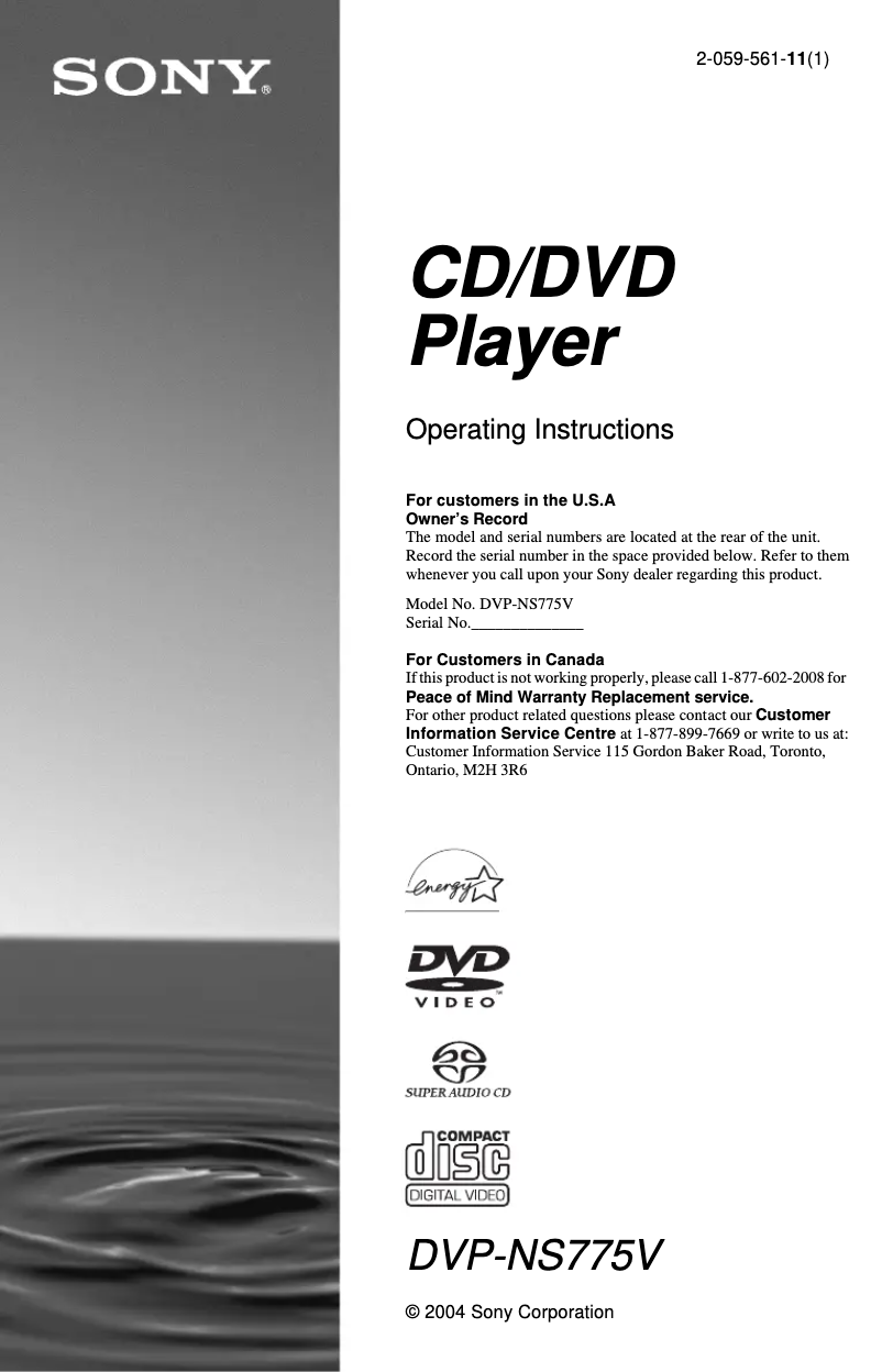 Page n°1 - Manuel utilisateur Sony DVP-NS775V