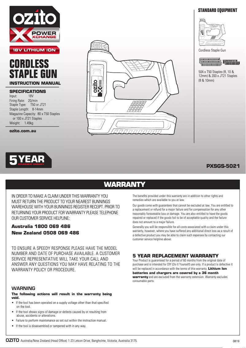 Page 1 de la notice Manuel utilisateur Ozito PXSGS-5021