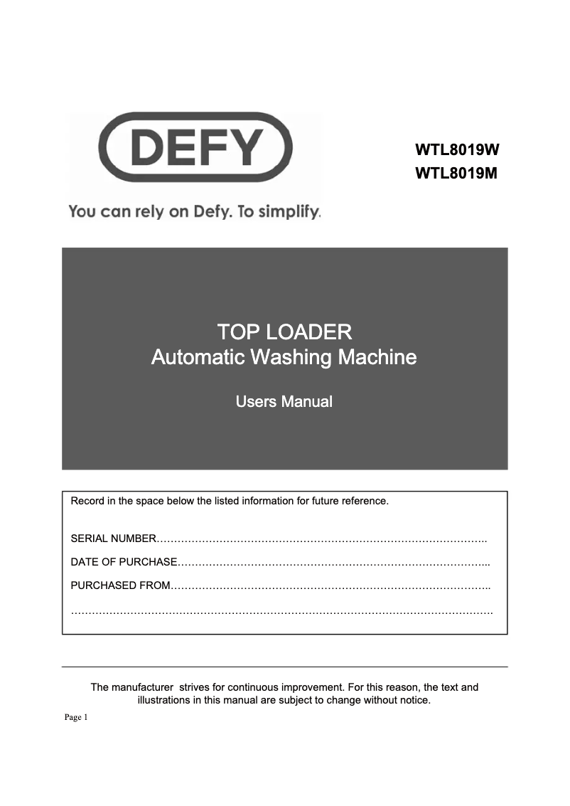 Page 1 de la notice Manuel utilisateur Defy WTL 8019 M