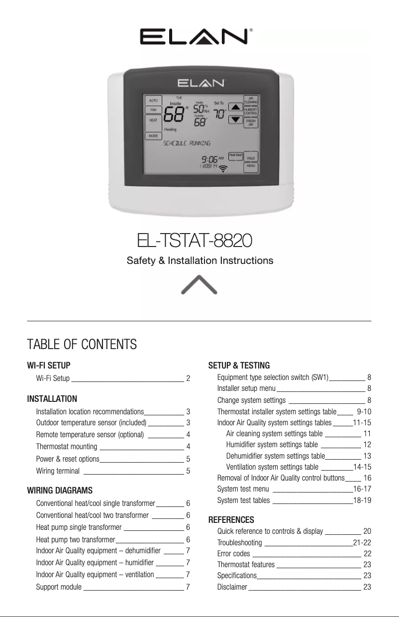 Page 1 de la notice Manuel utilisateur Elan EL-TSTAT-8820