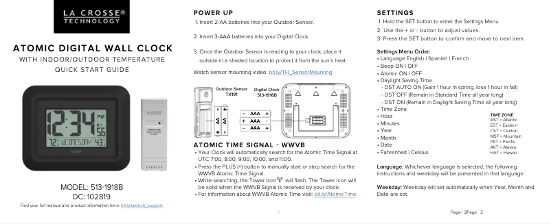 Page n°1 - Guide de démarrage rapide La Crosse Technology 513-1918B