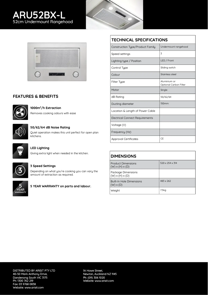 Page 1 de la notice Fiche technique Tisira ARU52BX-L