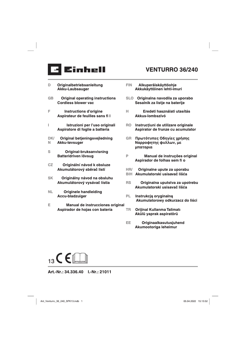 Page n°1 - Manuel utilisateur Einhell VENTURRO 36/240