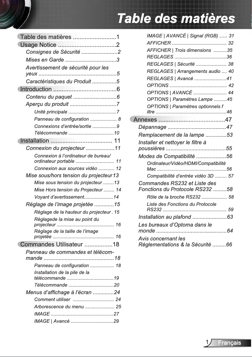 Page 1 de la notice Manuel utilisateur Optoma DХ346