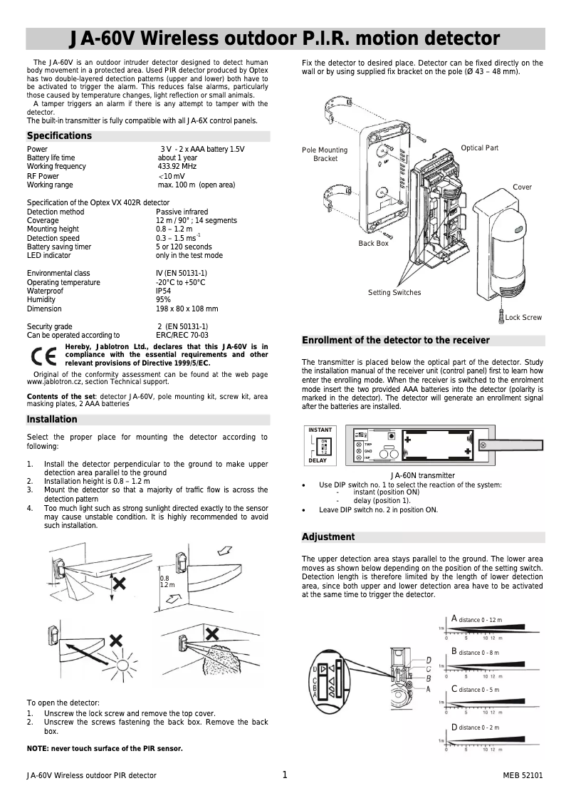 Imagen de la primera página del manual del dispositivo JA-60V
