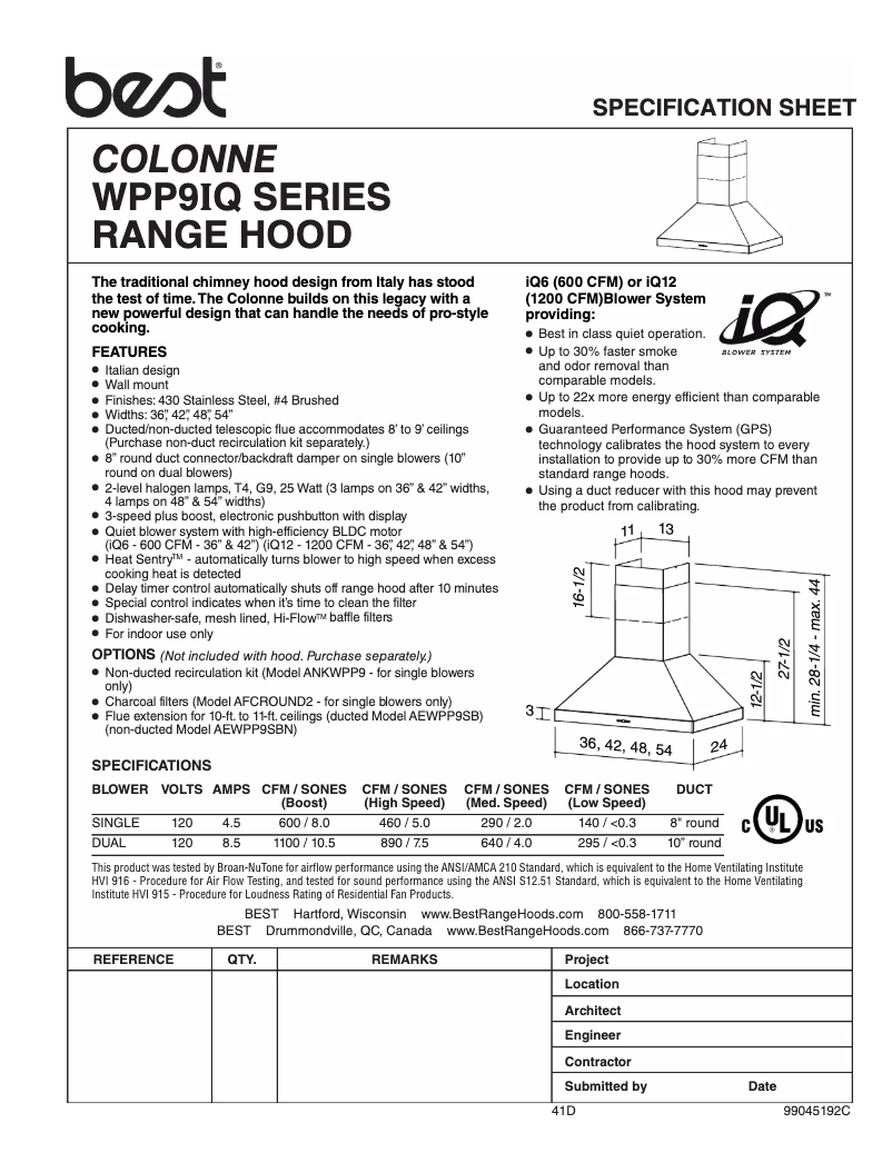 Page n°1 - Fiche technique Best Colonne WPP9IQT54SB