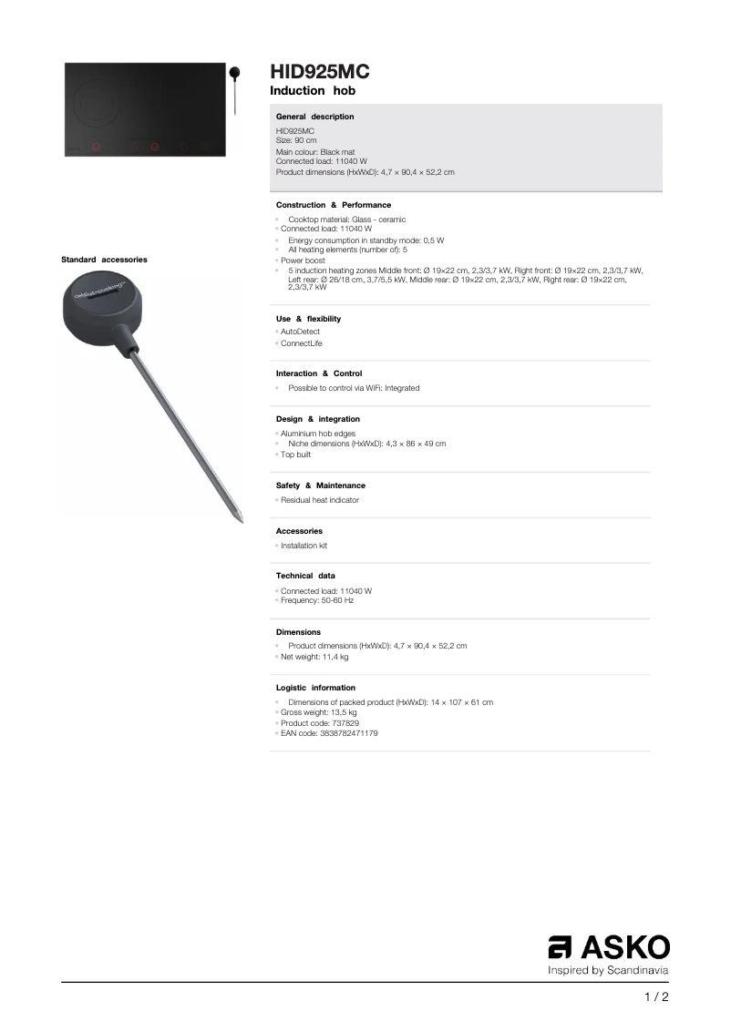 Page n°1 - Fiche technique Asko HID925MC