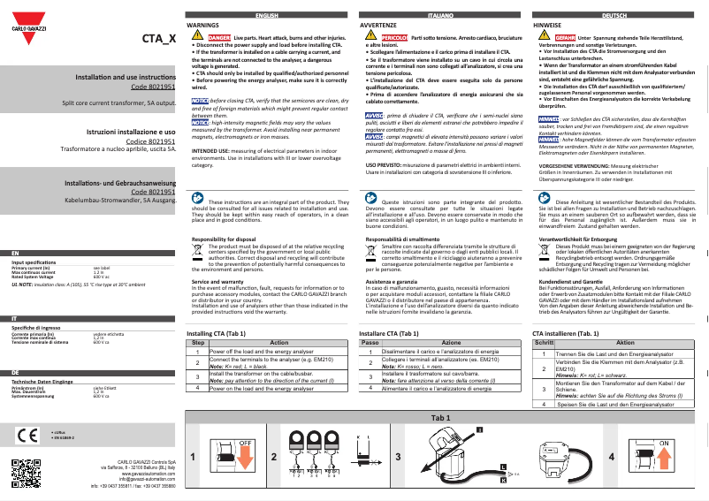 Page n°1 - Manuel utilisateur Carlo Gavazzi CTA-5X