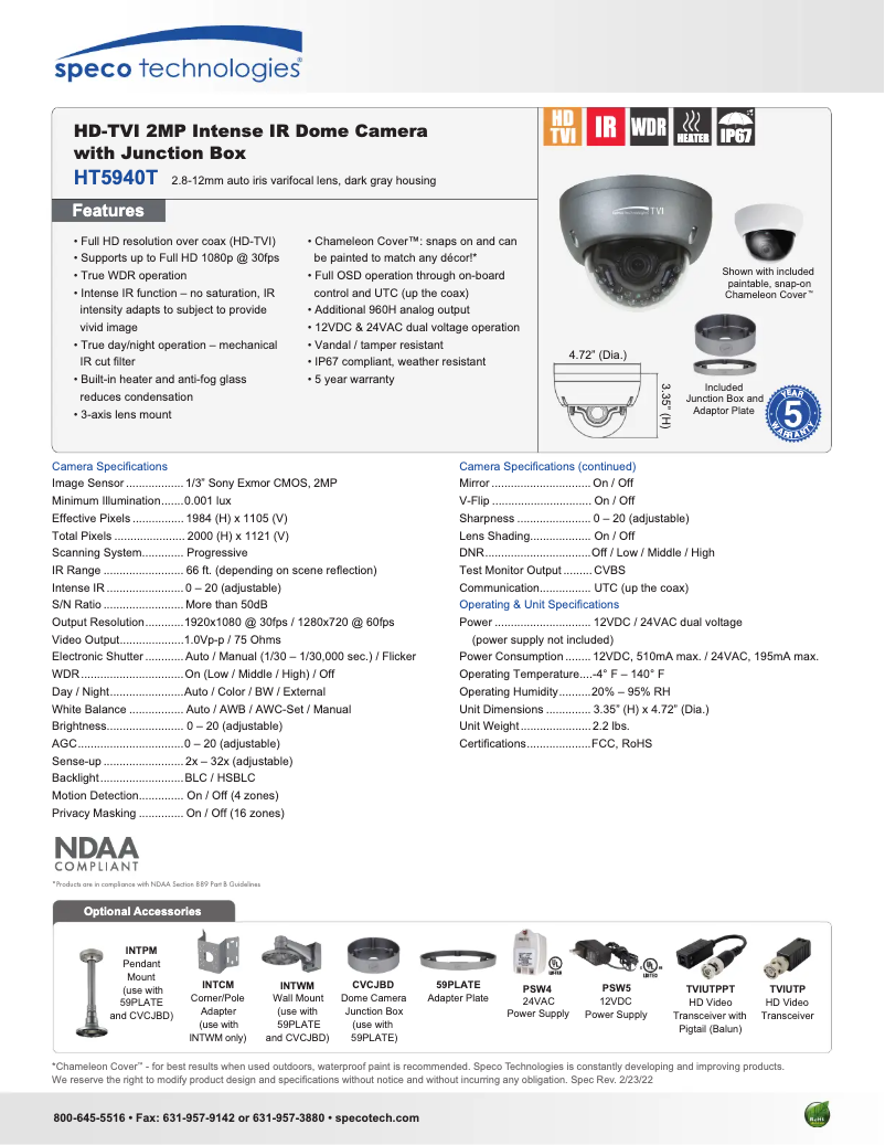 Página 1 del manual Ficha técnica Speco Technologies HT5940T