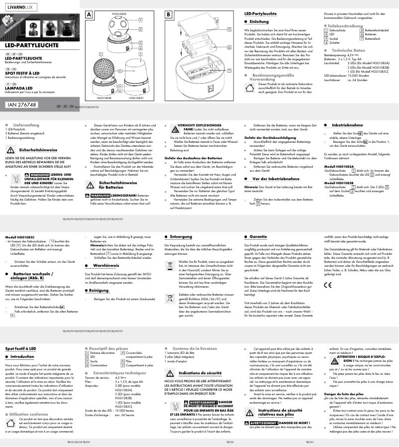 Page 1 de la notice Manuel utilisateur Livarno Lux IAN 276748