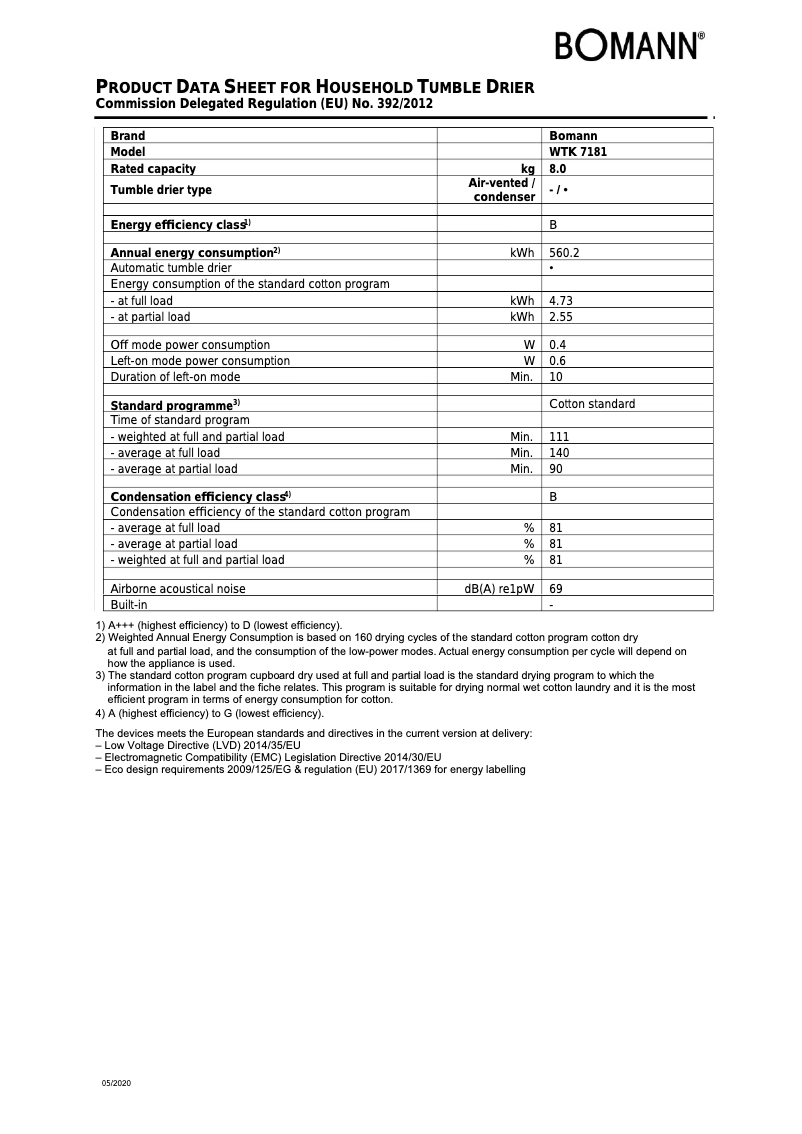 Page n°1 - Fiche technique Bomann WTK 7181