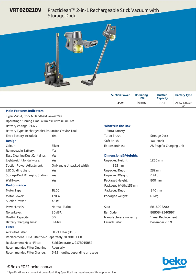 Page 1 de la notice Fiche technique Beko VRT 82821 BV