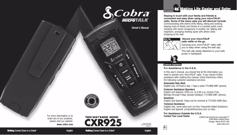 Page 1 de la notice Manuel utilisateur Cobra CXR925