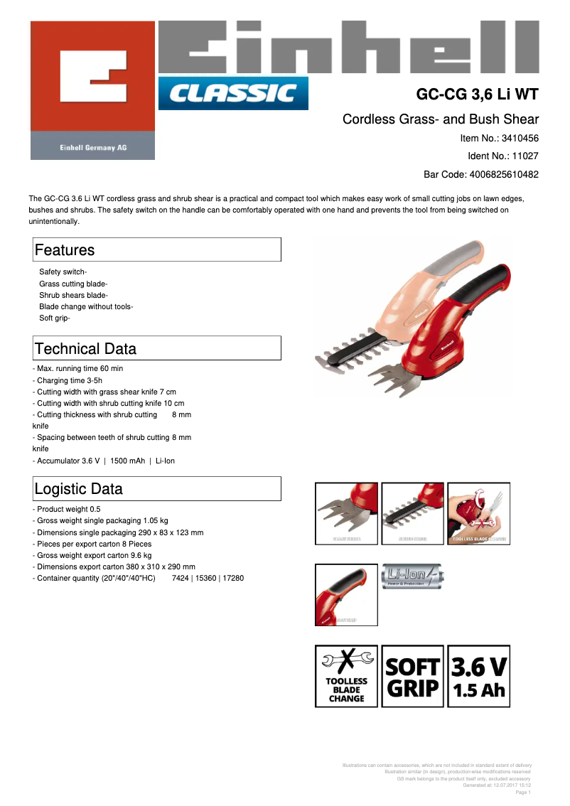 Page n°1 - Fiche technique Einhell GC-CG 3.6 Li WT