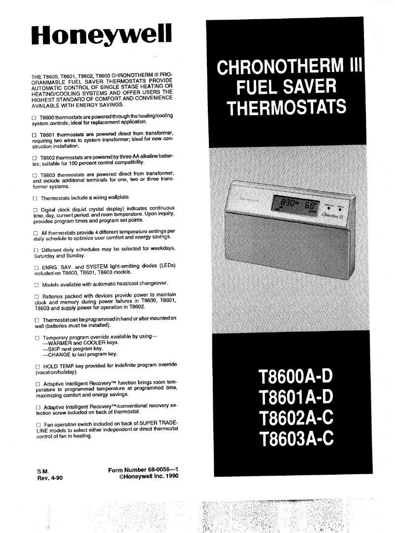 Page 1 de la notice Manuel utilisateur Honeywell Chronothem III T8603B