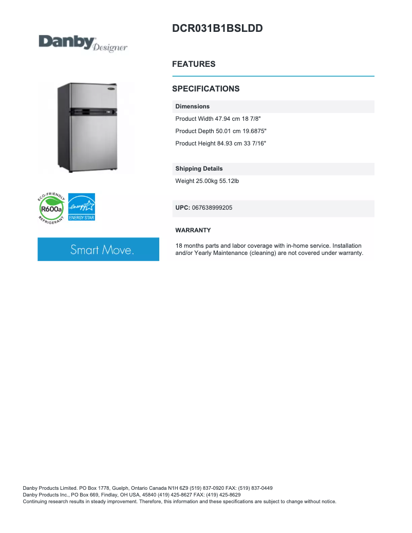 Página 1 del manual Ficha técnica Danby DCR031B1