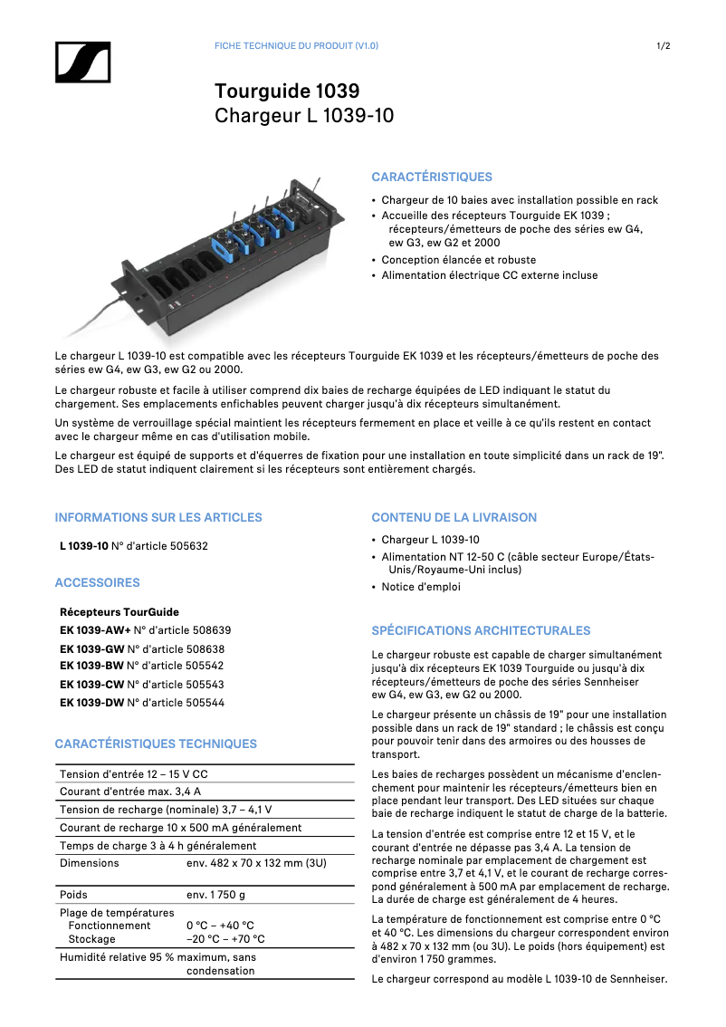 Page 1 of the manual Technical Sheet Sennheiser L 1039-10