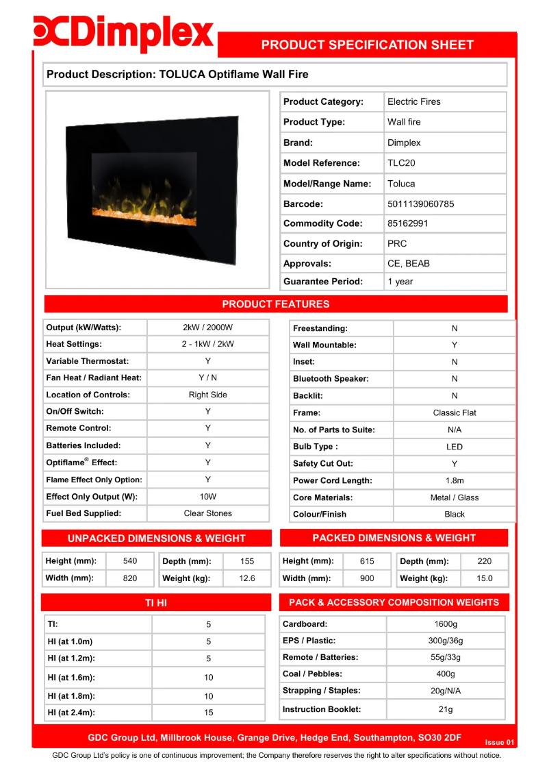 Page 1 de la notice Fiche technique Dimplex TLC20