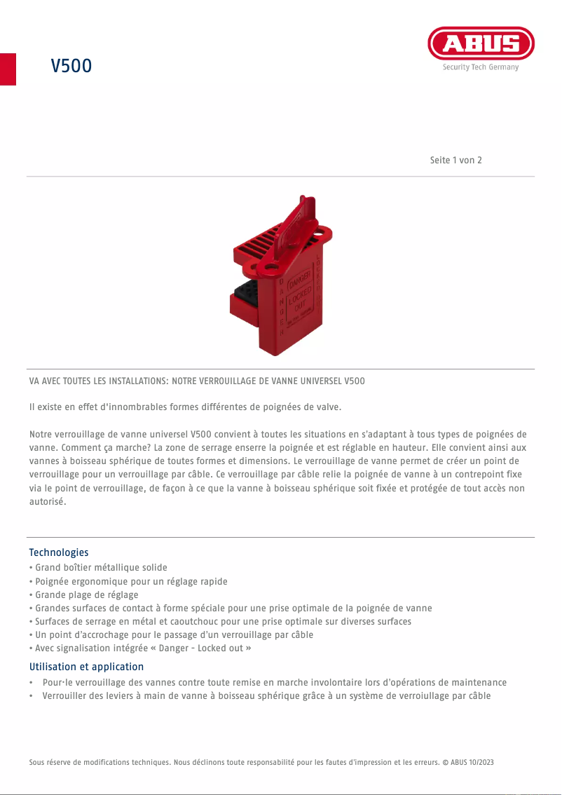 Page n°1 - Fiche technique Abus V500