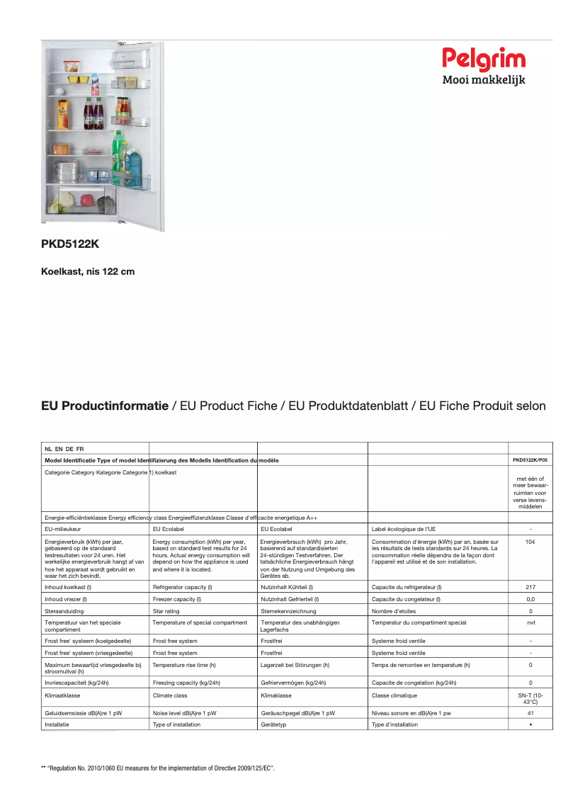 Page 1 de la notice Fiche technique Pelgrim PKD5122K