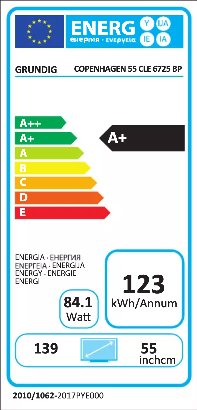 Page 1 de la notice Label énergétique Grundig Copenhagen 55 CLE 6725 BP