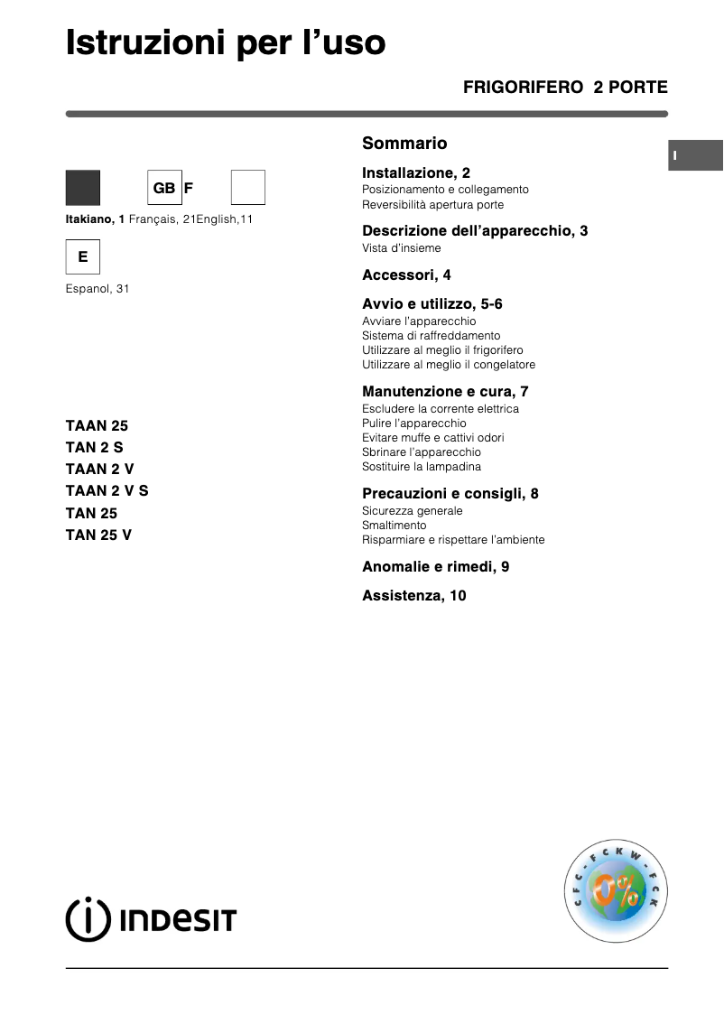 Page 1 de la notice Manuel utilisateur Indesit TAN 25