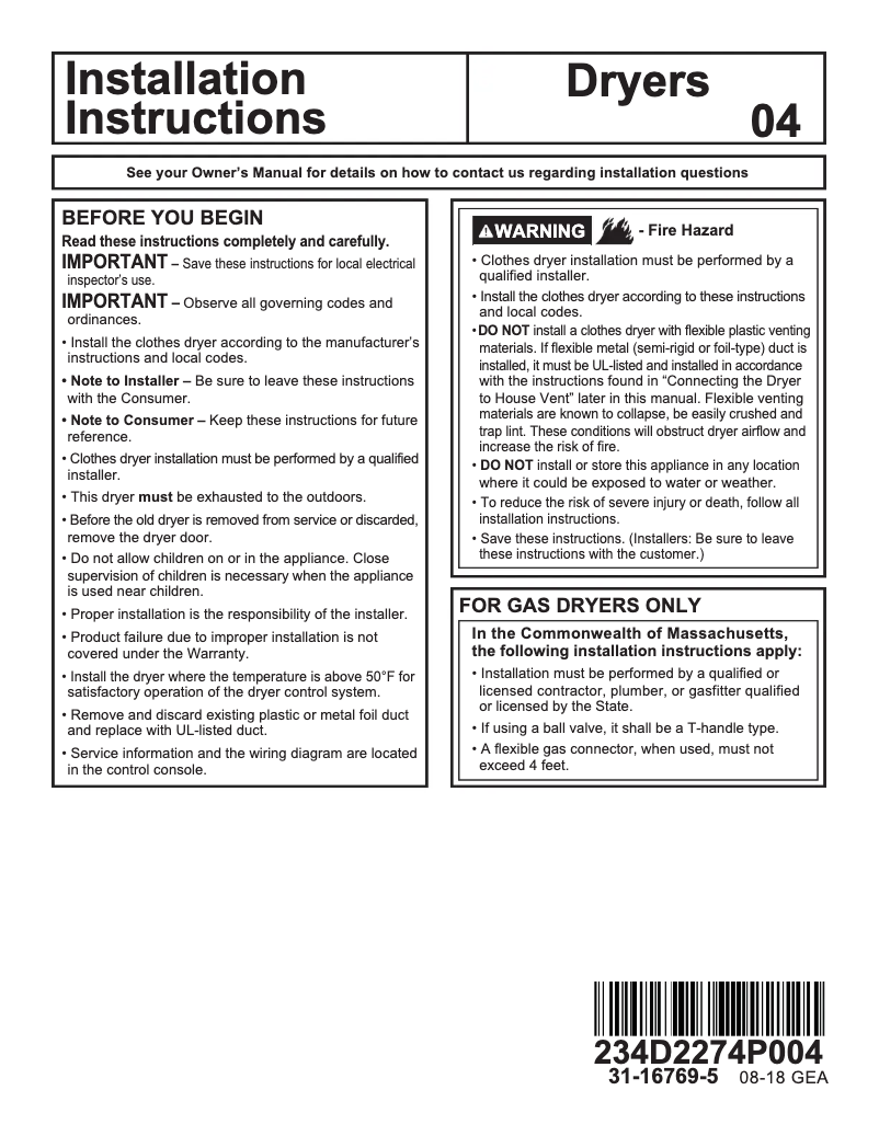 Page 1 de la notice Guide d'installation GE GFD45ESSMWW
