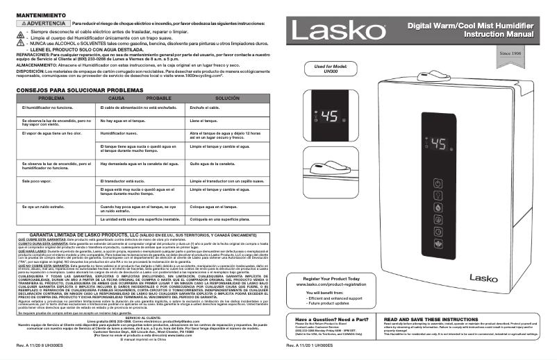 Page n°1 - Manuel utilisateur Lasko Quiet Ultrasonic Digital Warm and Cool Mist UH300