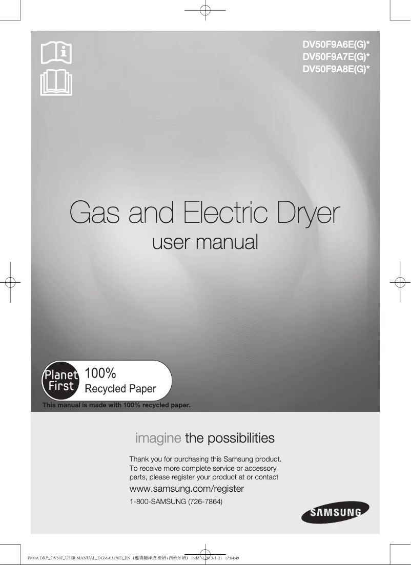 Page n°1 - Manuel d'utilisation et d'entretien Samsung DV50F9A8GVW